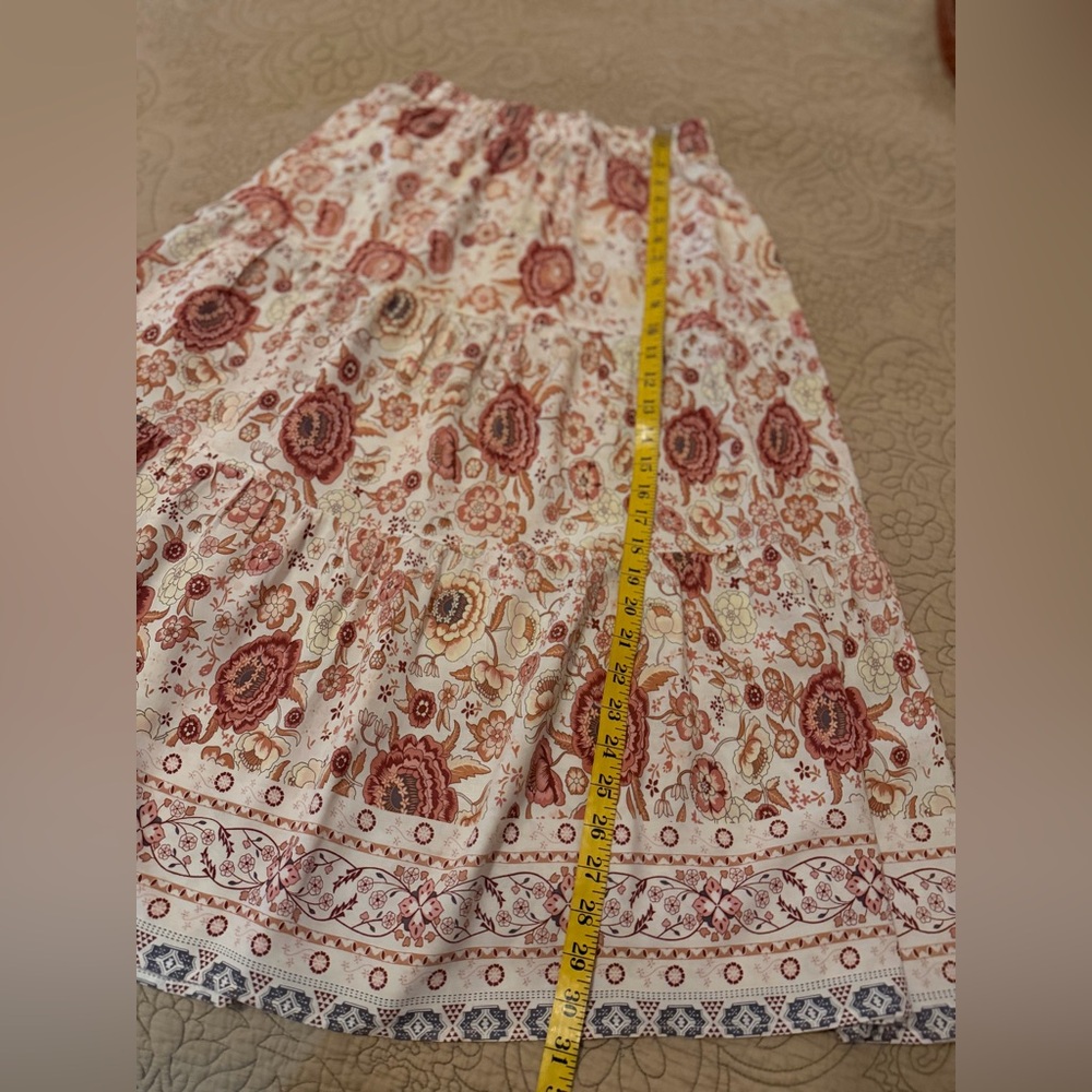 Merokeety Cream Pink Flowing Boho Cottage Tiered Floral Prairie Skirt, Size S - Picture 4 of 11
